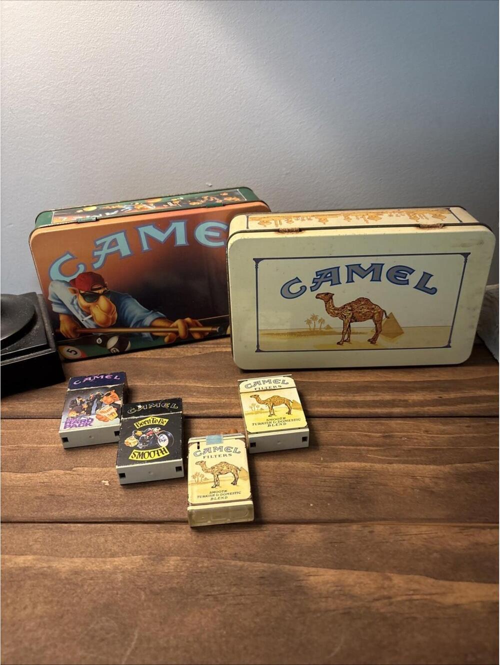 Vintage Set. 4 Camel cigarette Lighters &  2 promo Tin With Sealed Matches. Lot